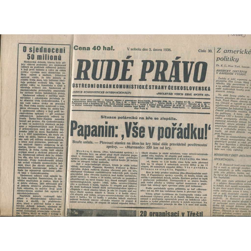 Rudé právo (5.2.1938) - 1. republika, staré noviny
