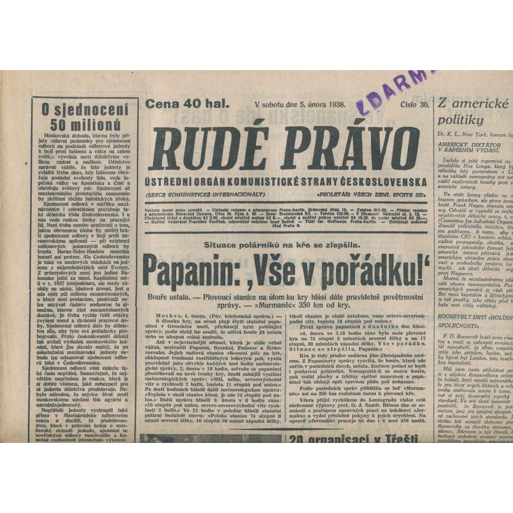 Rudé právo (5.2.1938) - 1. republika, staré noviny