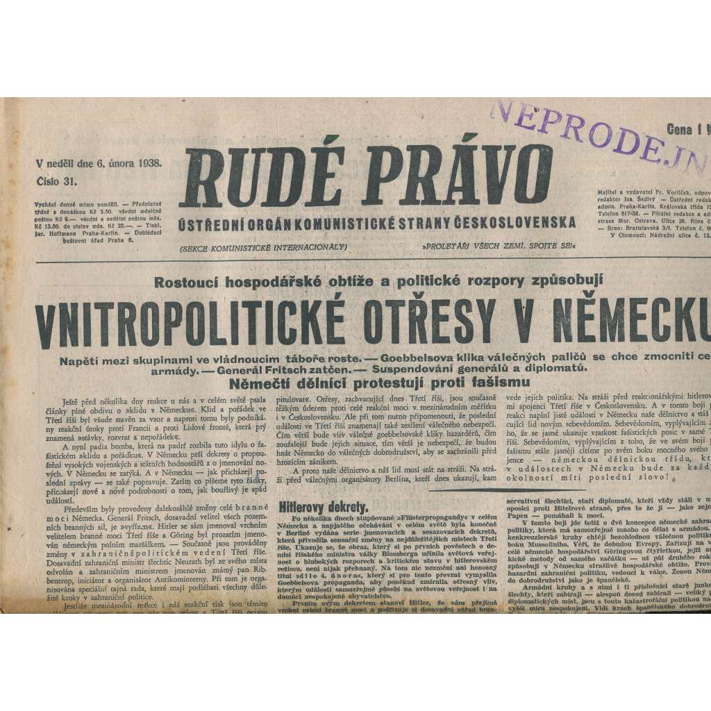 Rudé právo (6.2.1938) - 1. republika, staré noviny