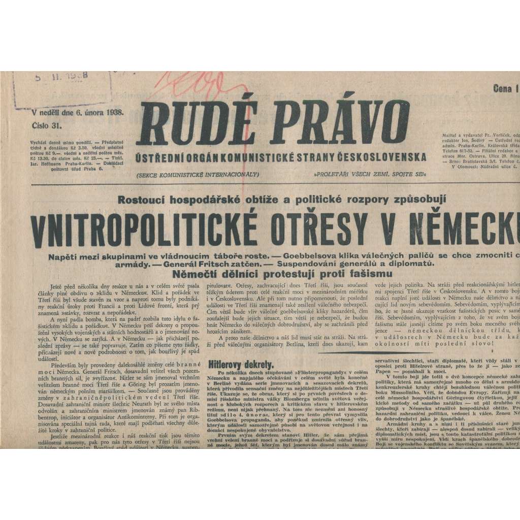 Rudé právo (6.2.1938) - 1. republika, staré noviny