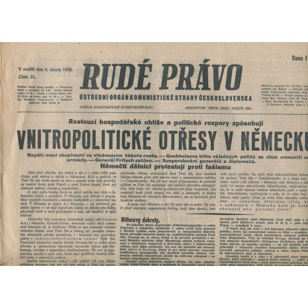 Rudé právo (6.2.1938) - 1. republika, staré noviny