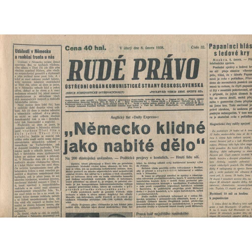 Rudé právo (8.2.1938) - 1. republika, staré noviny