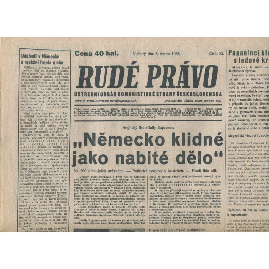 Rudé právo (8.2.1938) - 1. republika, staré noviny