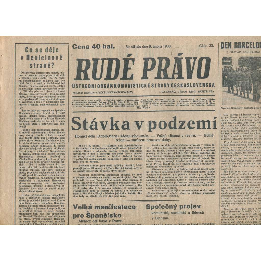 Rudé právo (9.2.1938) - 1. republika, staré noviny