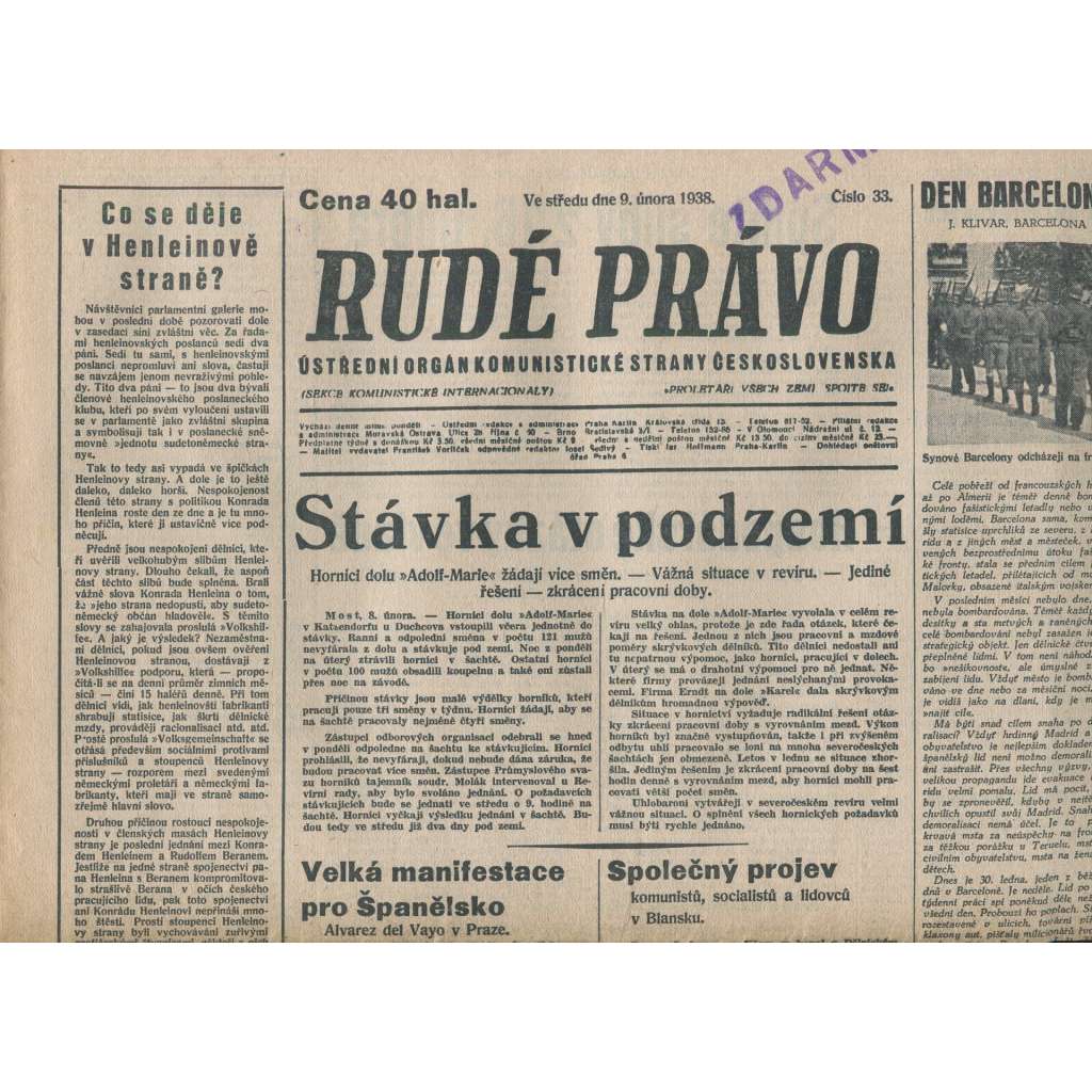 Rudé právo (9.2.1938) - 1. republika, staré noviny
