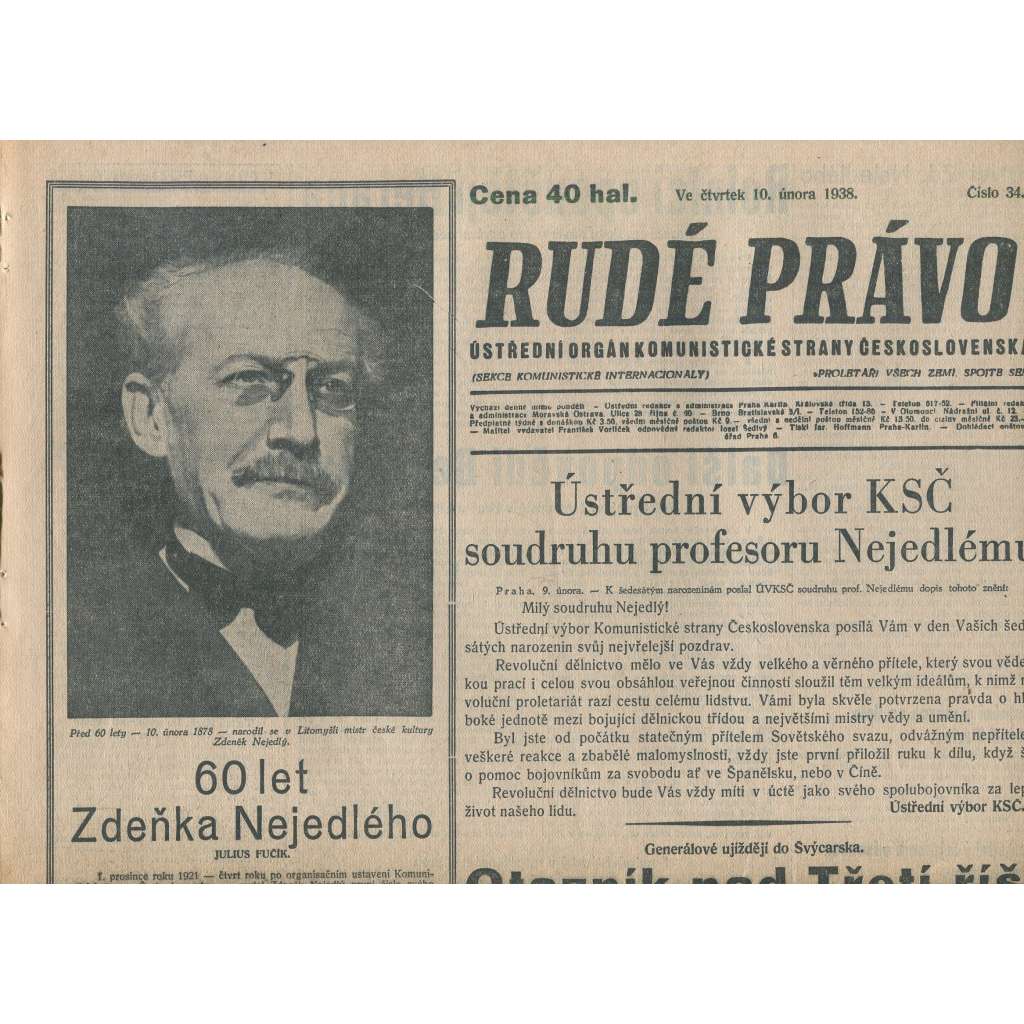 Rudé právo (10.2.1938) - 1. republika, staré noviny