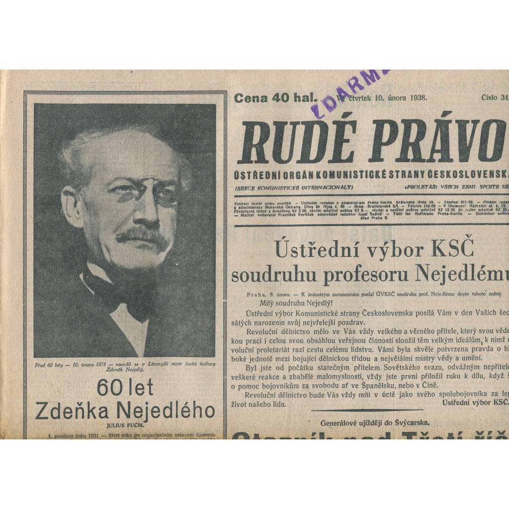 Rudé právo (10.2.1938) - 1. republika, staré noviny