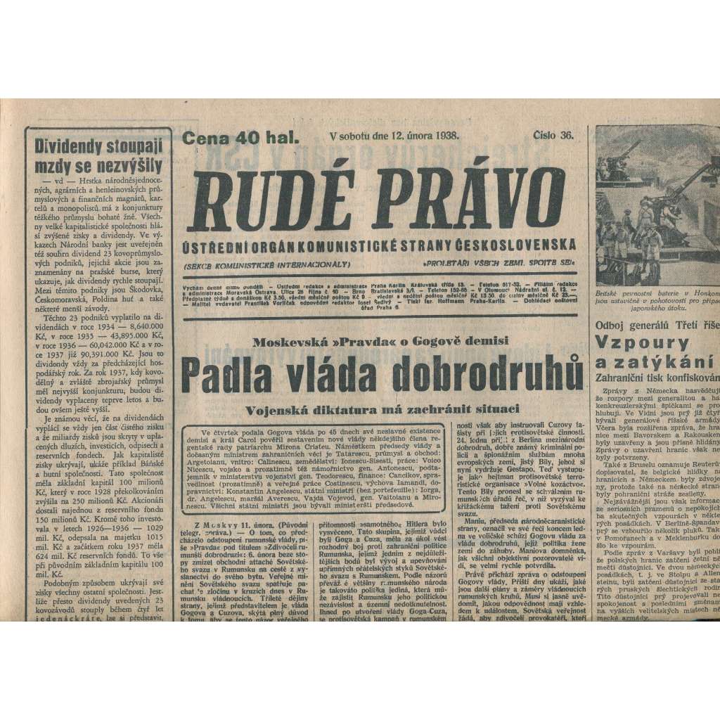 Rudé právo (12.2.1938) - 1. republika, staré noviny