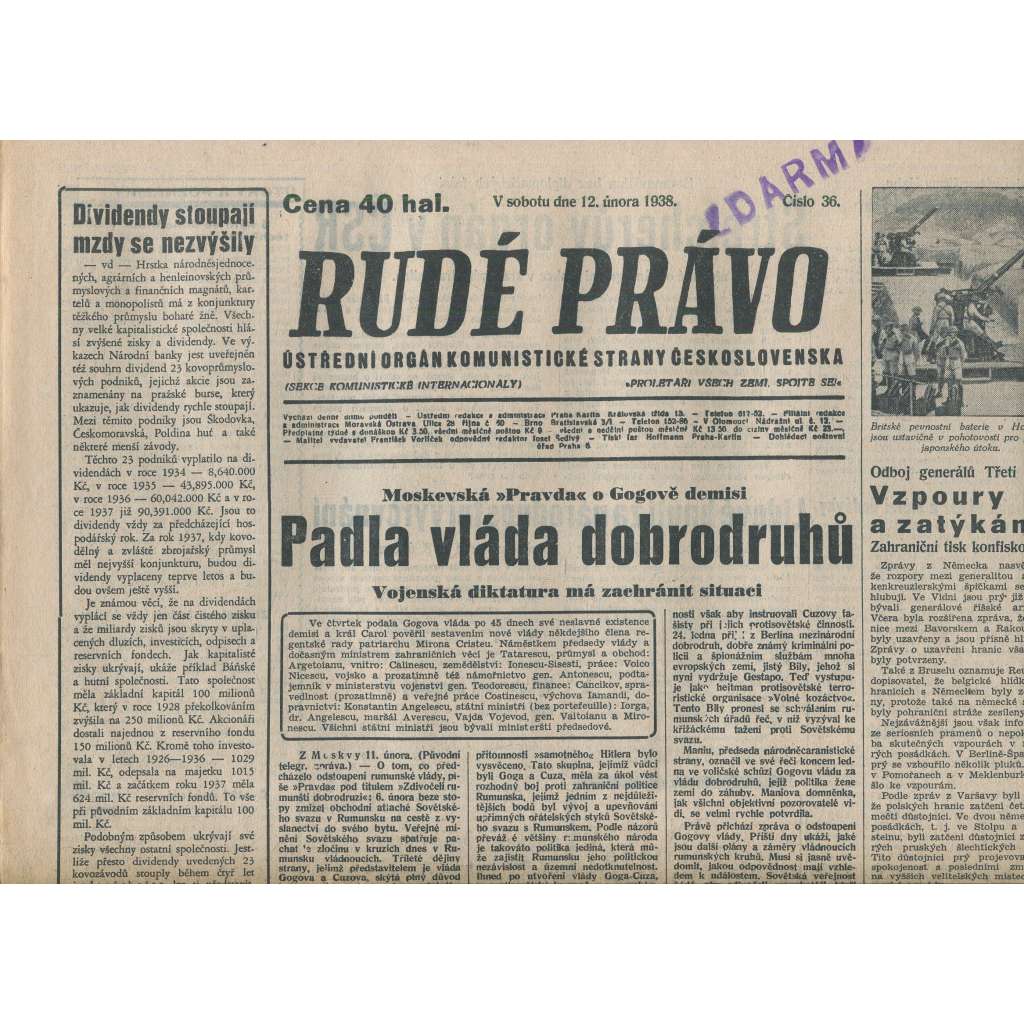 Rudé právo (12.2.1938) - 1. republika, staré noviny