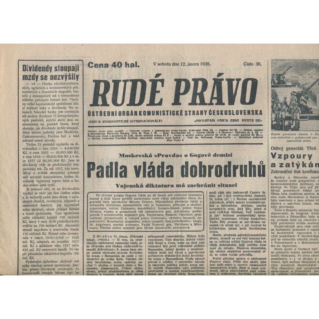 Rudé právo (12.2.1938) - 1. republika, staré noviny