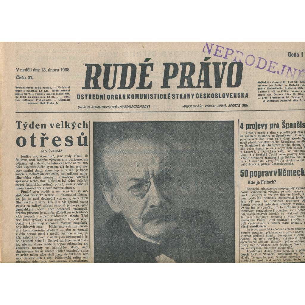 Rudé právo (13.2.1938) - 1. republika, staré noviny