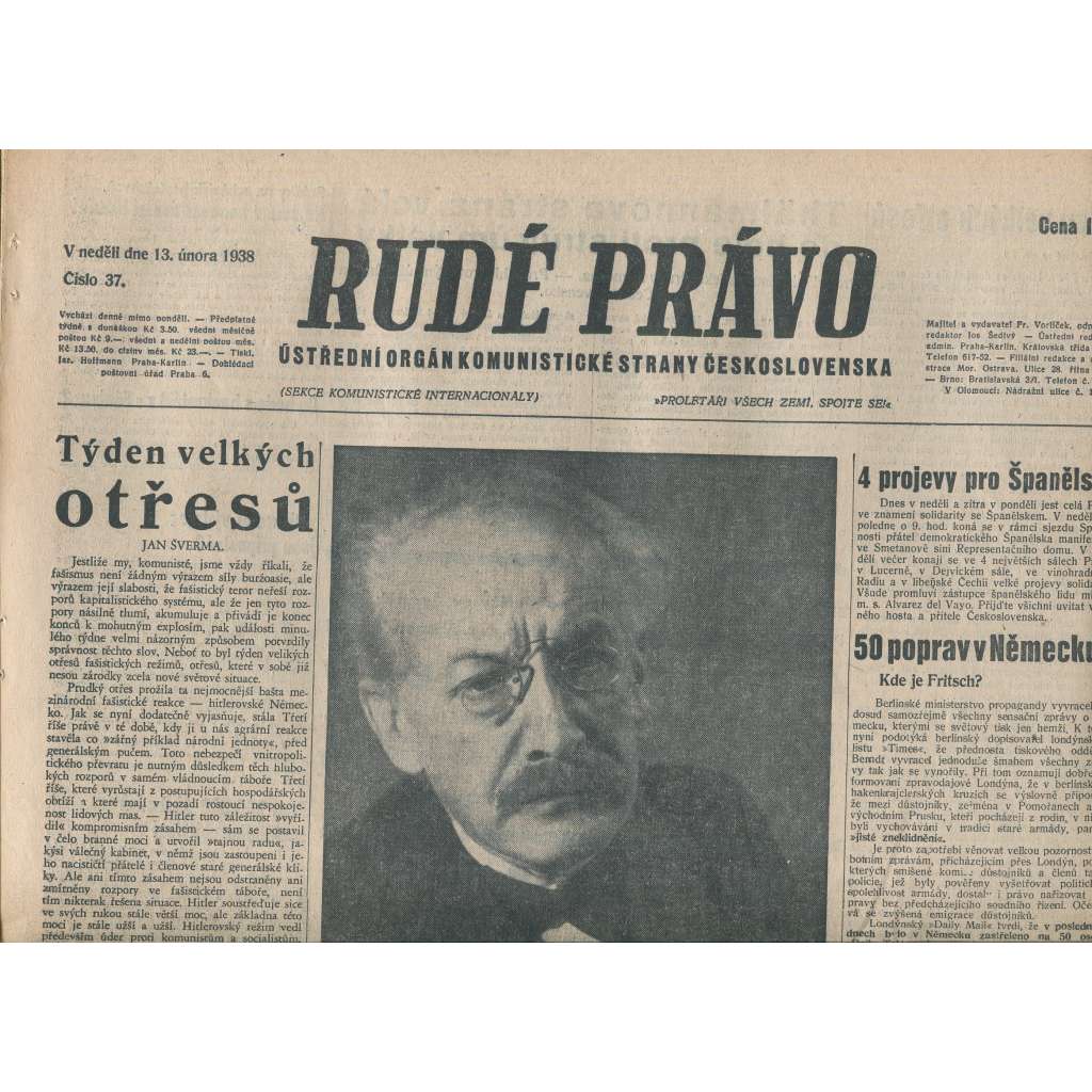 Rudé právo (13.2.1938) - 1. republika, staré noviny