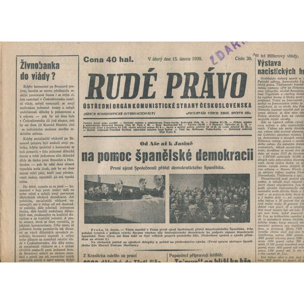 Rudé právo (15.2.1938) - 1. republika, staré noviny