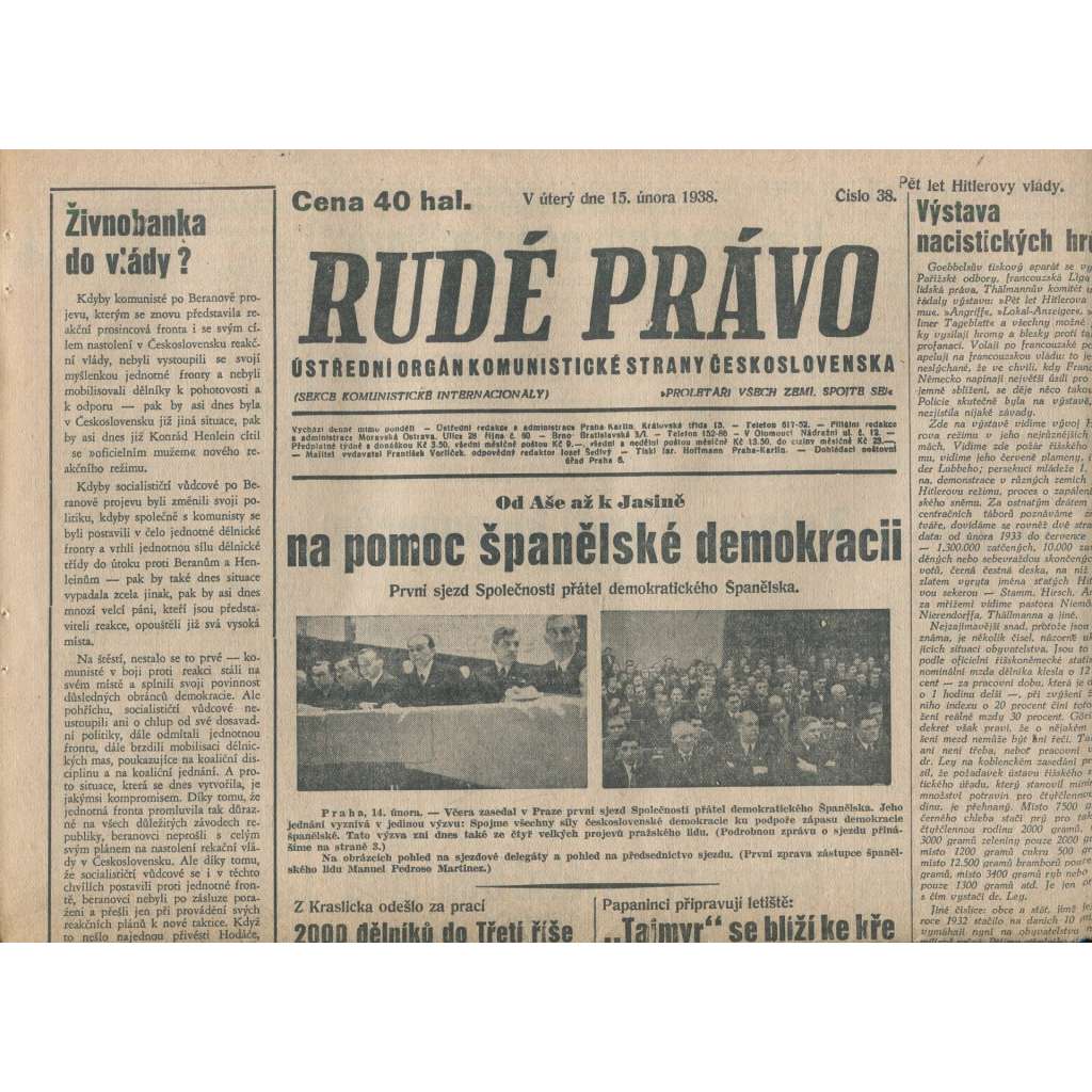 Rudé právo (15.2.1938) - 1. republika, staré noviny