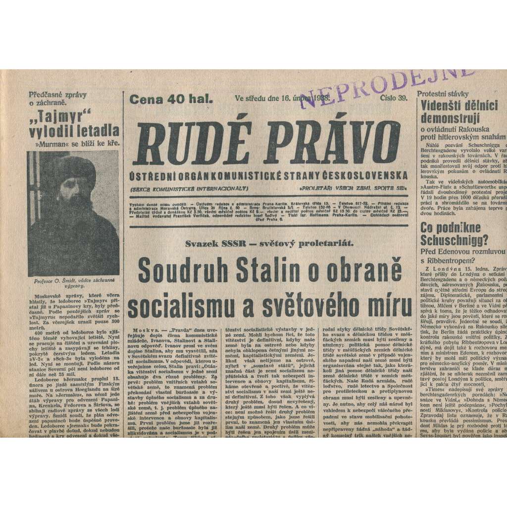 Rudé právo (16.2.1938) - 1. republika, staré noviny