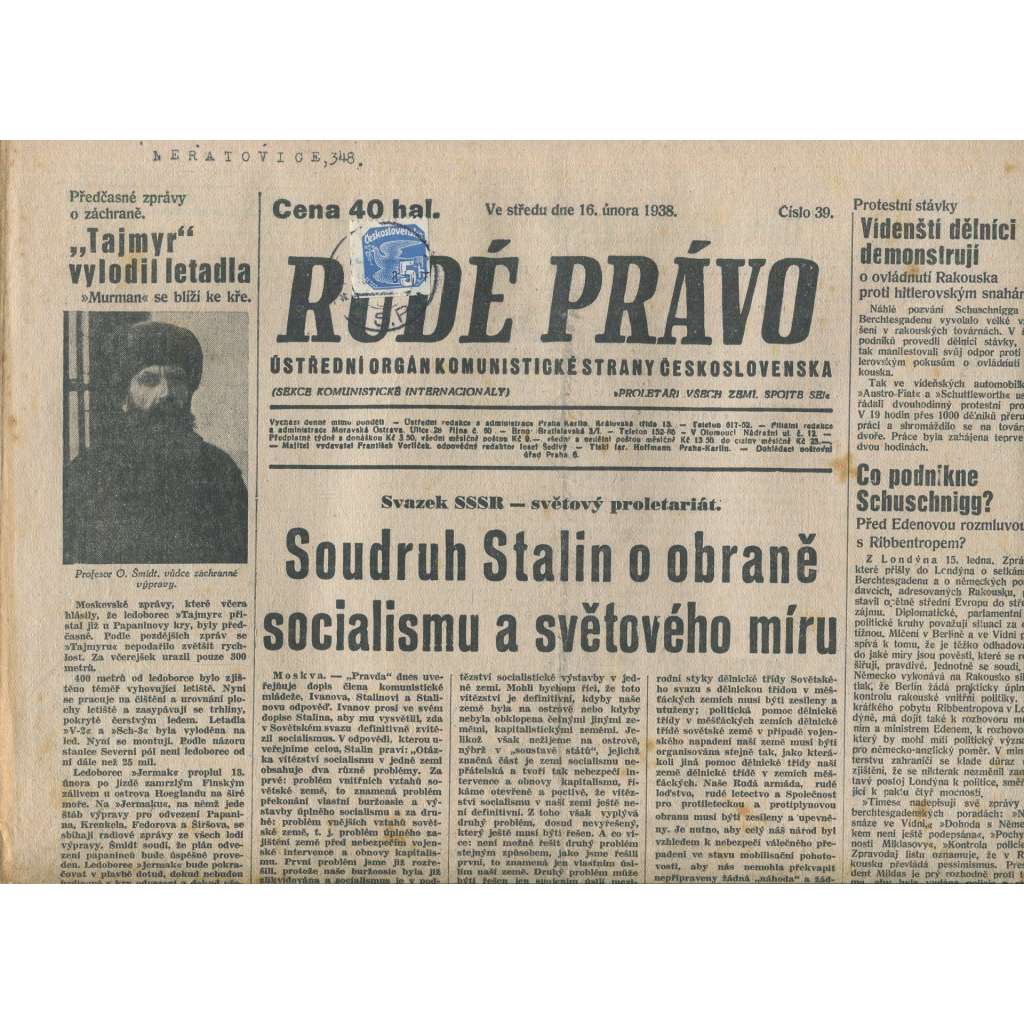 Rudé právo (16.2.1938) - 1. republika, staré noviny