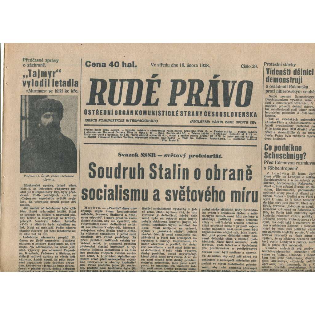 Rudé právo (16.2.1938) - 1. republika, staré noviny