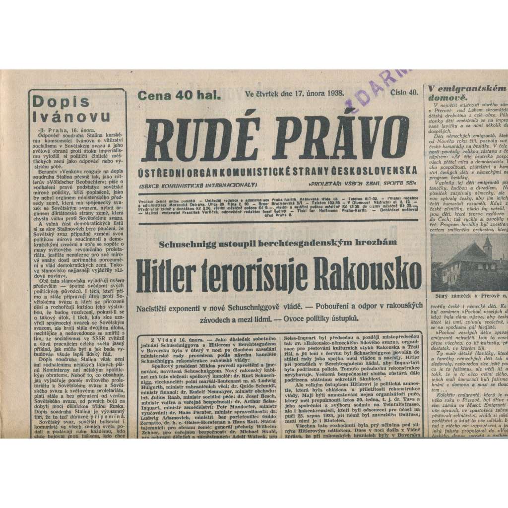Rudé právo (17.2.1938) - 1. republika, staré noviny