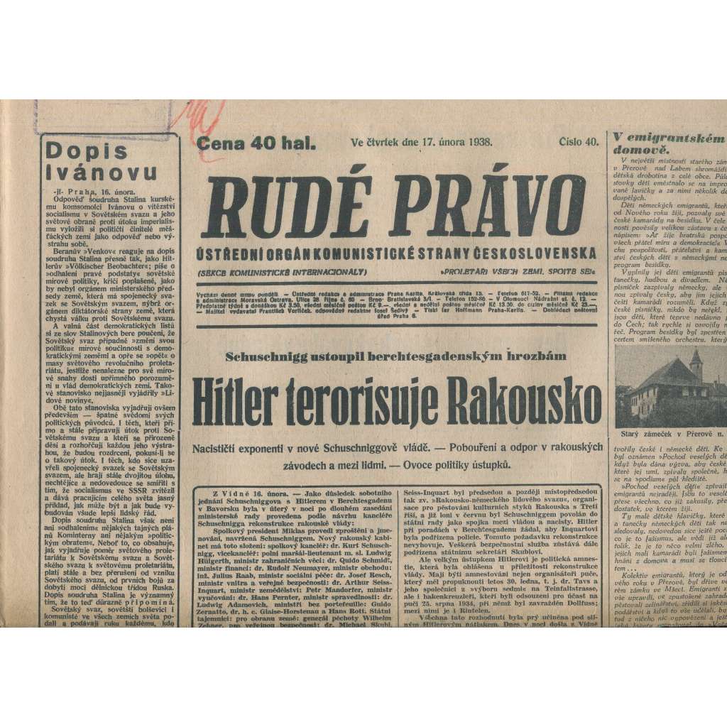 Rudé právo (17.2.1938) - 1. republika, staré noviny