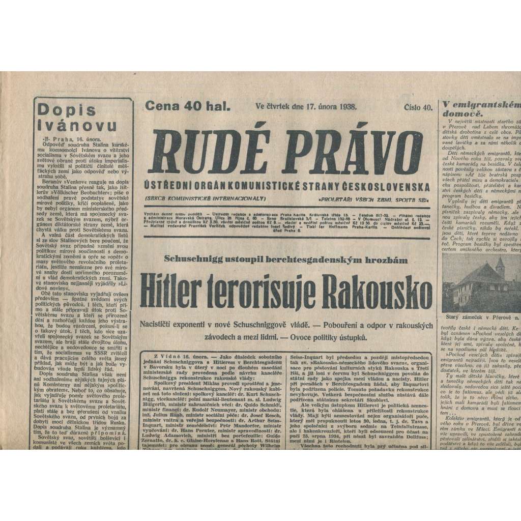 Rudé právo (17.2.1938) - 1. republika, staré noviny