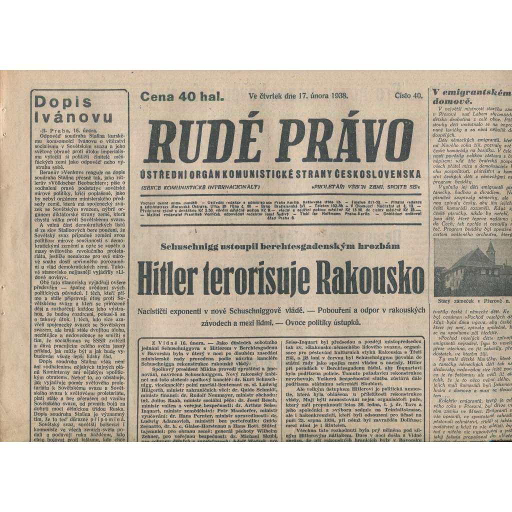 Rudé právo (17.2.1938) - 1. republika, staré noviny