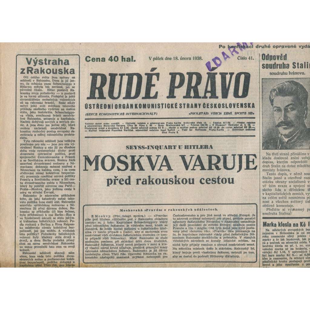Rudé právo (18.2.1938) - 1. republika, staré noviny
