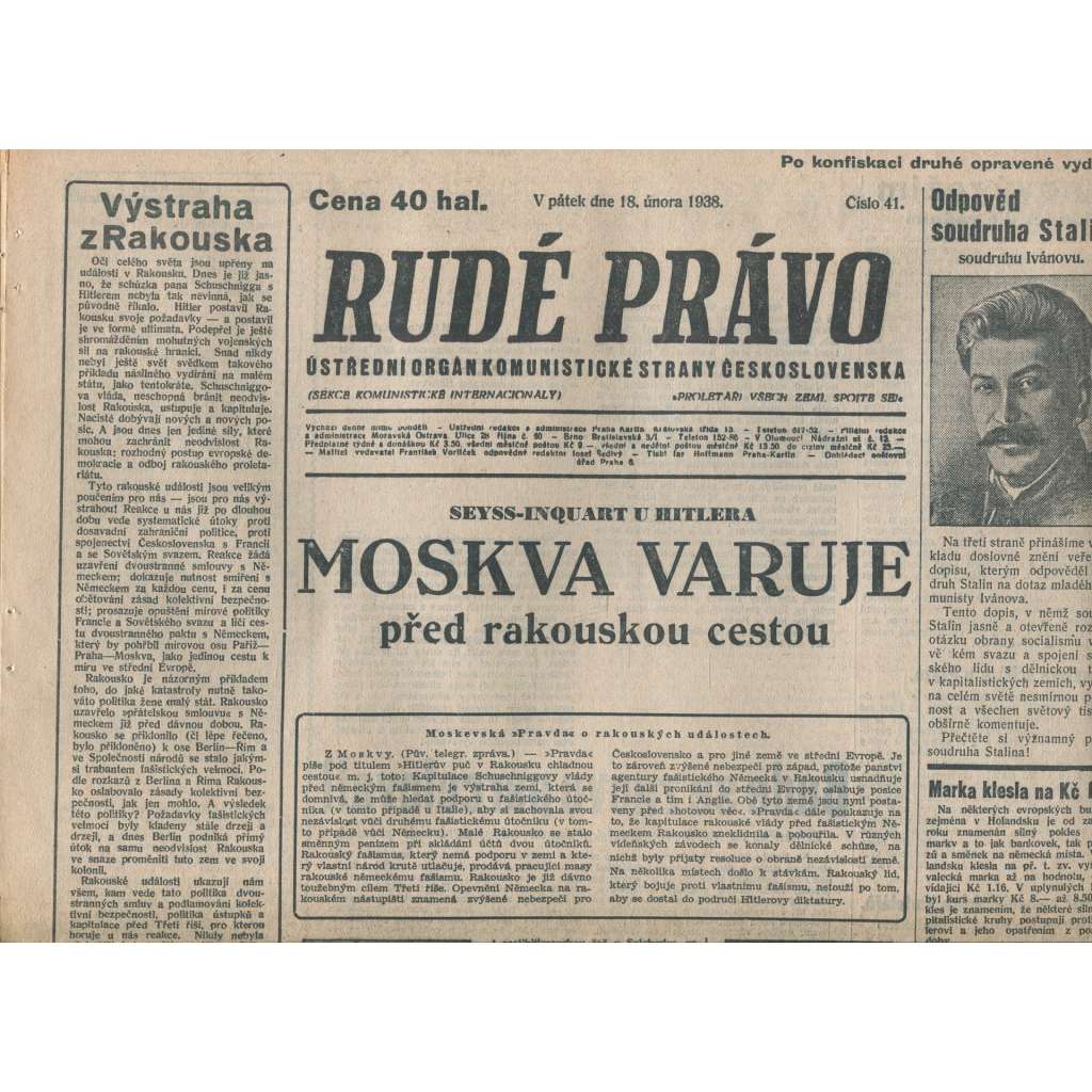 Rudé právo (18.2.1938) - 1. republika, staré noviny