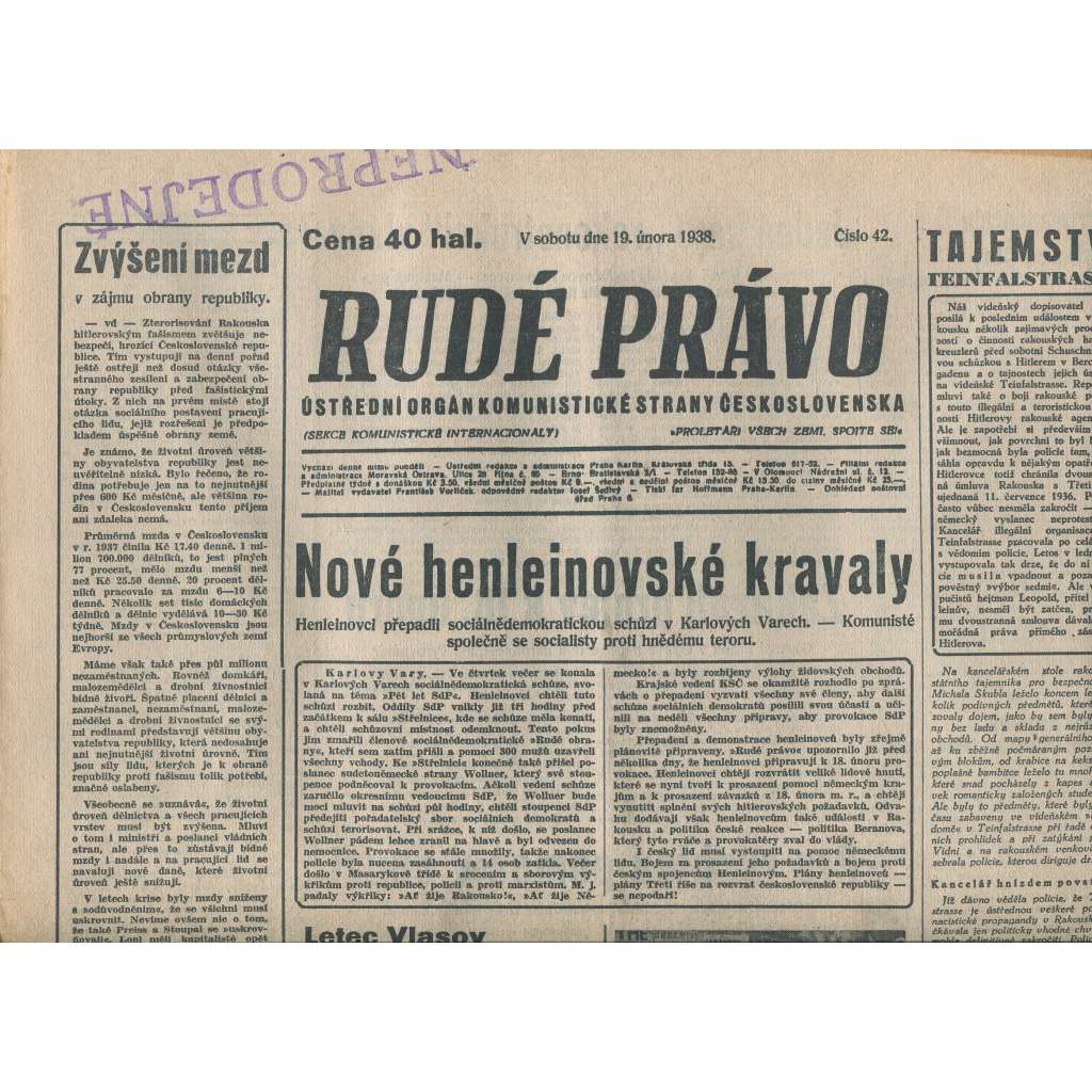Rudé právo (19.2.1938) - 1. republika, staré noviny