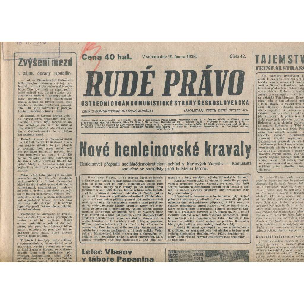 Rudé právo (19.2.1938) - 1. republika, staré noviny