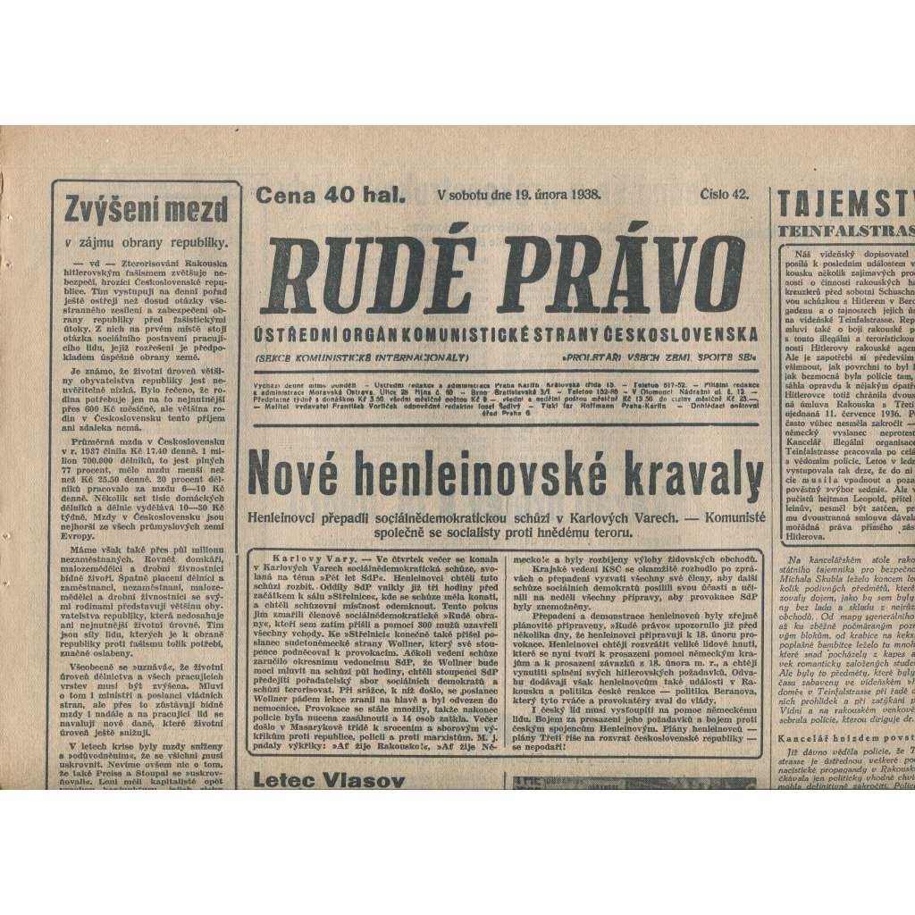 Rudé právo (19.2.1938) - 1. republika, staré noviny