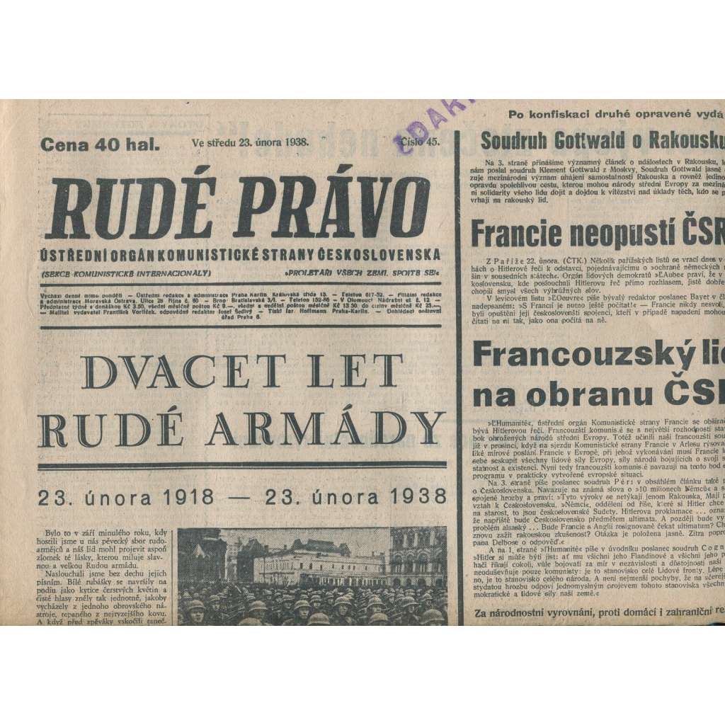 Rudé právo (23.2.1938) - 1. republika, staré noviny