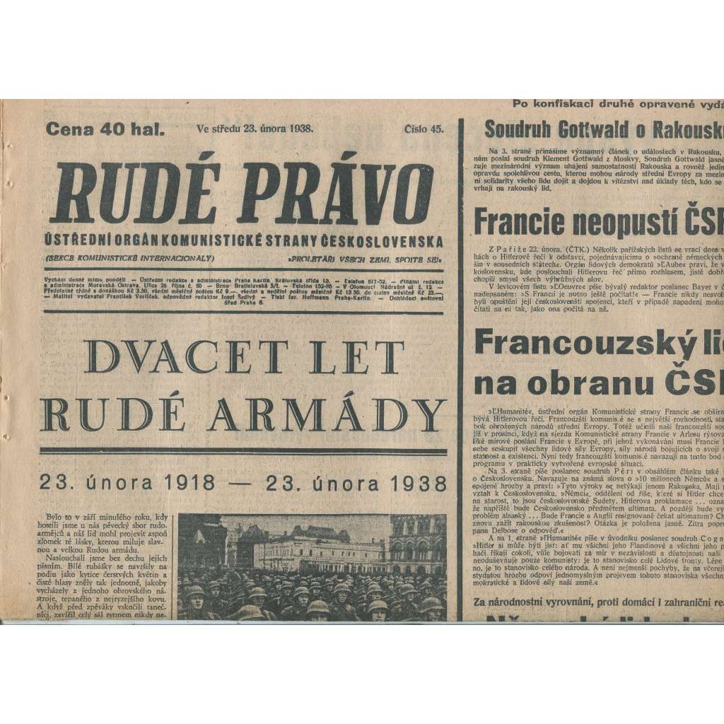 Rudé právo (23.2.1938) - 1. republika, staré noviny