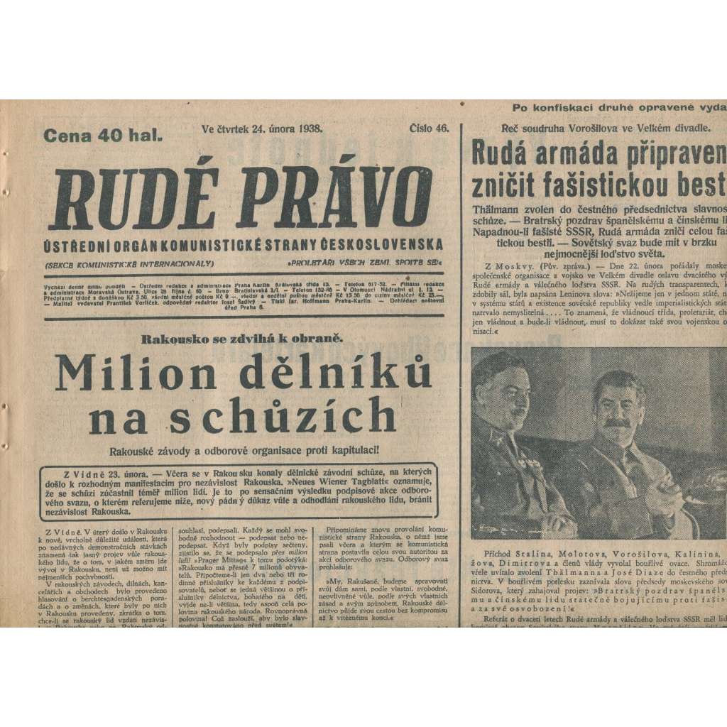 Rudé právo (24.2.1938) - 1. republika, staré noviny