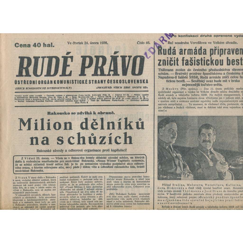 Rudé právo (24.2.1938) - 1. republika, staré noviny