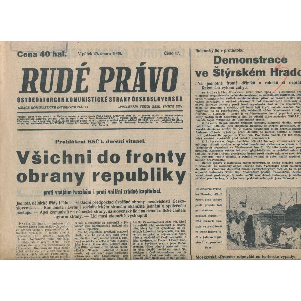 Rudé právo (25.2.1938) - 1. republika, staré noviny