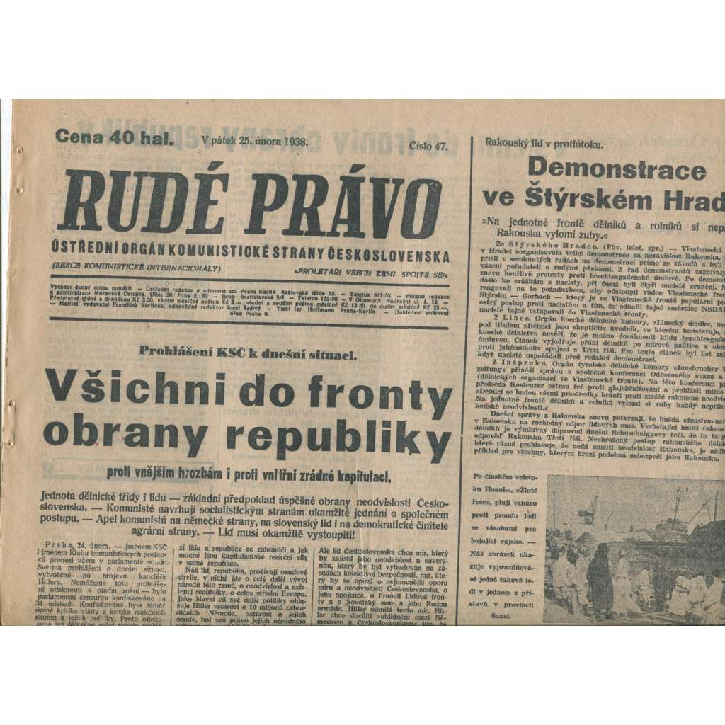 Rudé právo (25.2.1938) - 1. republika, staré noviny