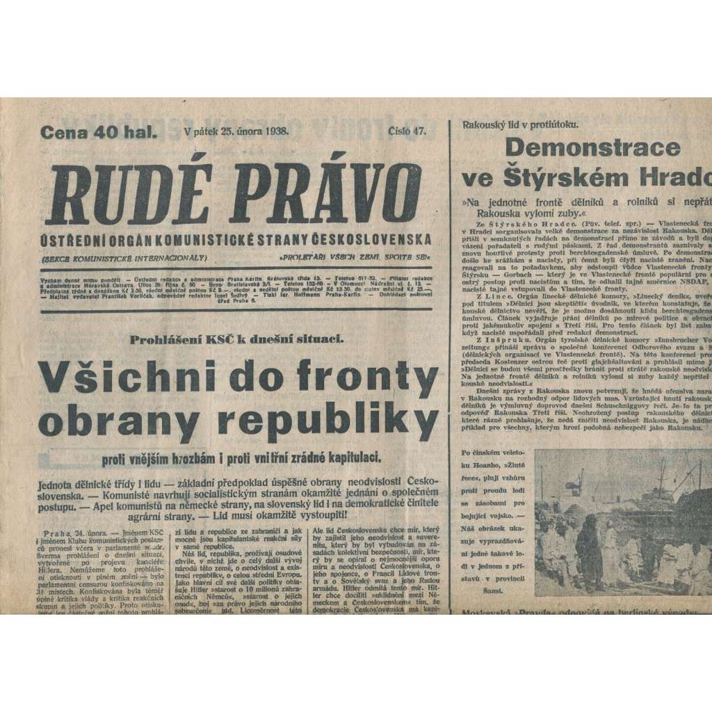Rudé právo (25.2.1938) - 1. republika, staré noviny