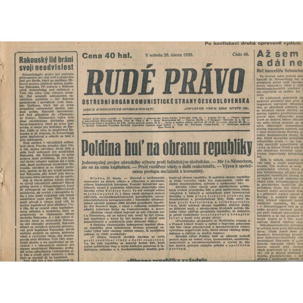 Rudé právo (26.2.1938) - 1. republika, staré noviny