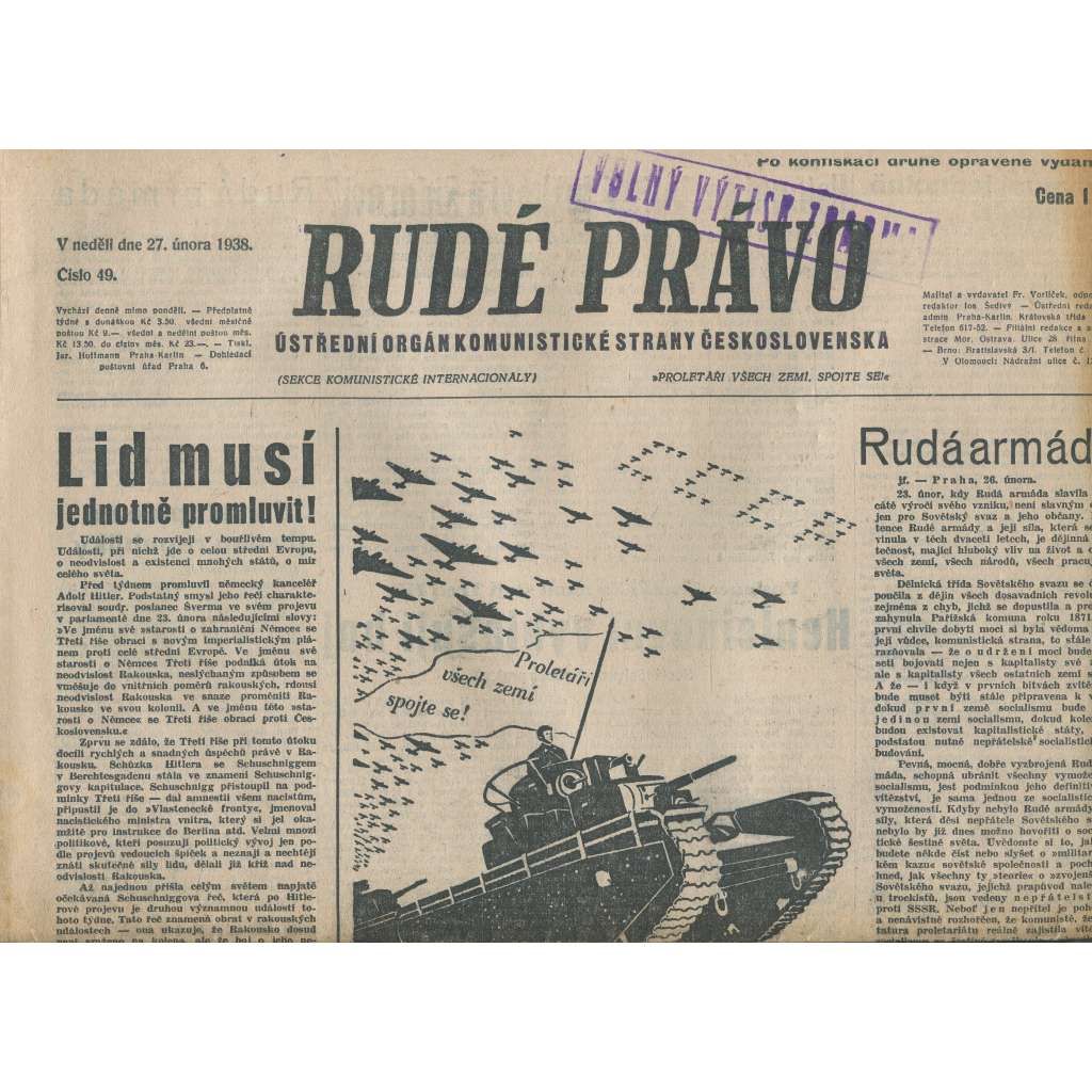 Rudé právo (27.2.1938) - 1. republika, staré noviny