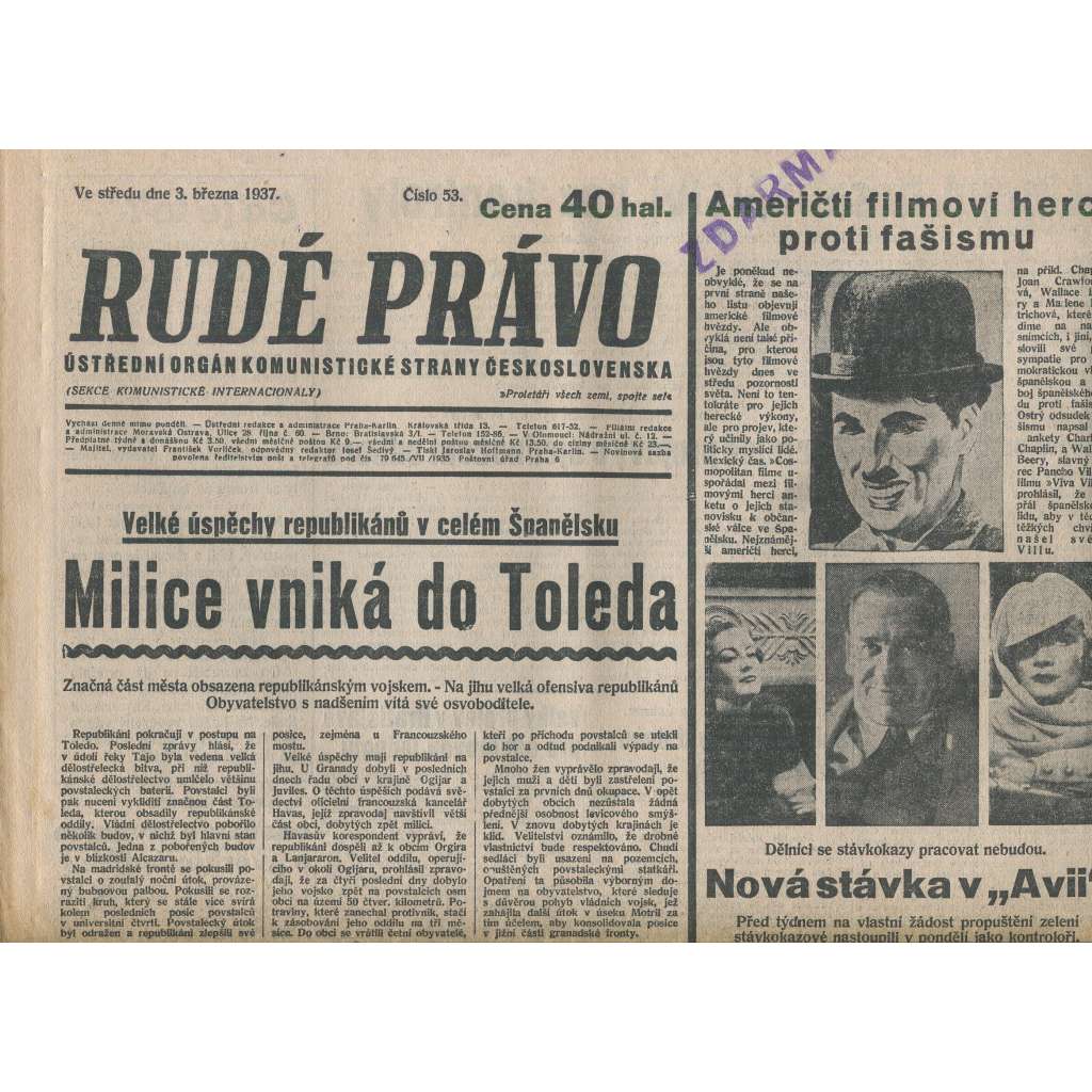 Rudé právo (3.3.1937) - 1. republika, staré noviny