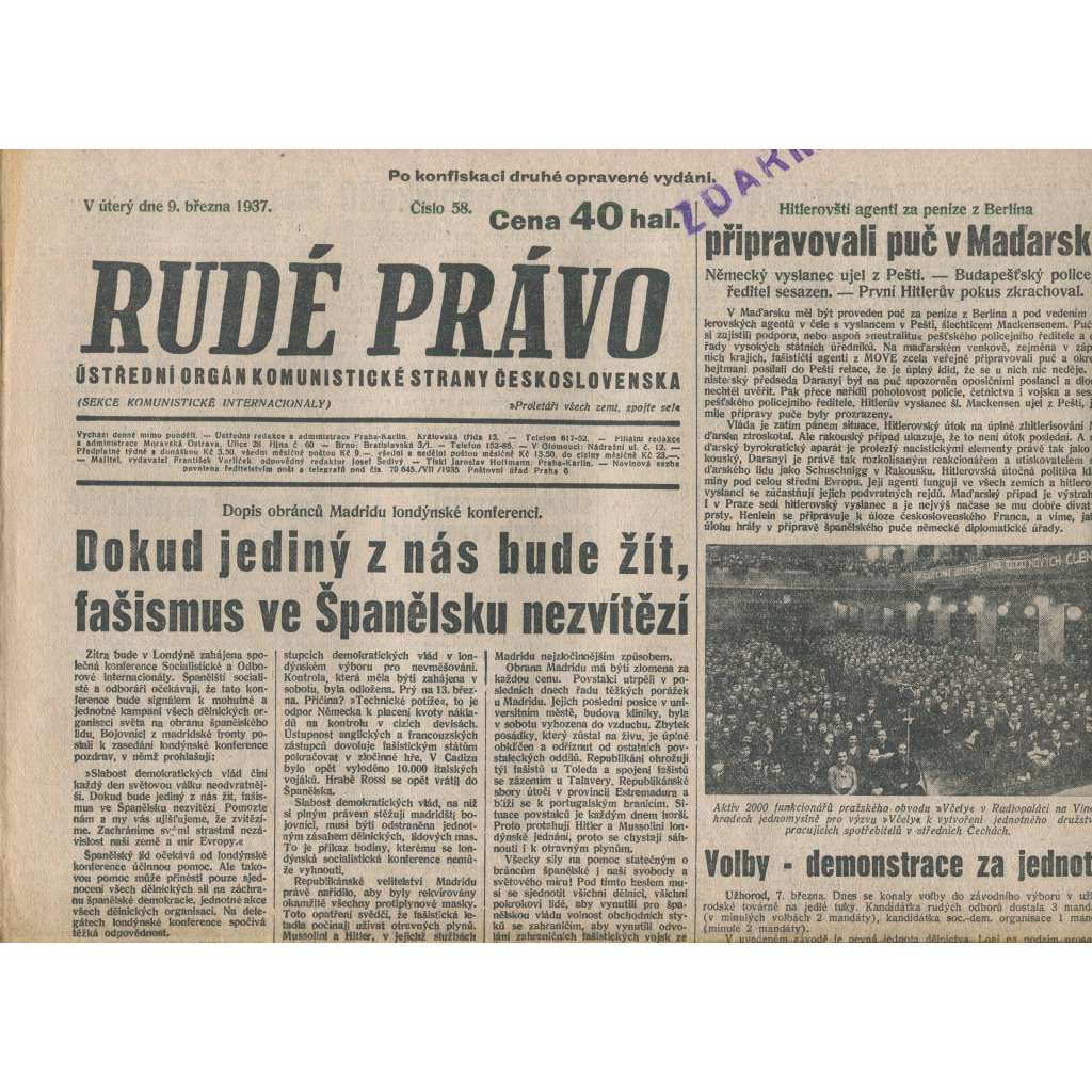 Rudé právo (9.3.1937) - 1. republika, staré noviny