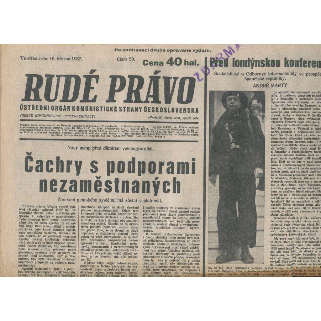 Rudé právo (10.3.1937) - 1. republika, staré noviny