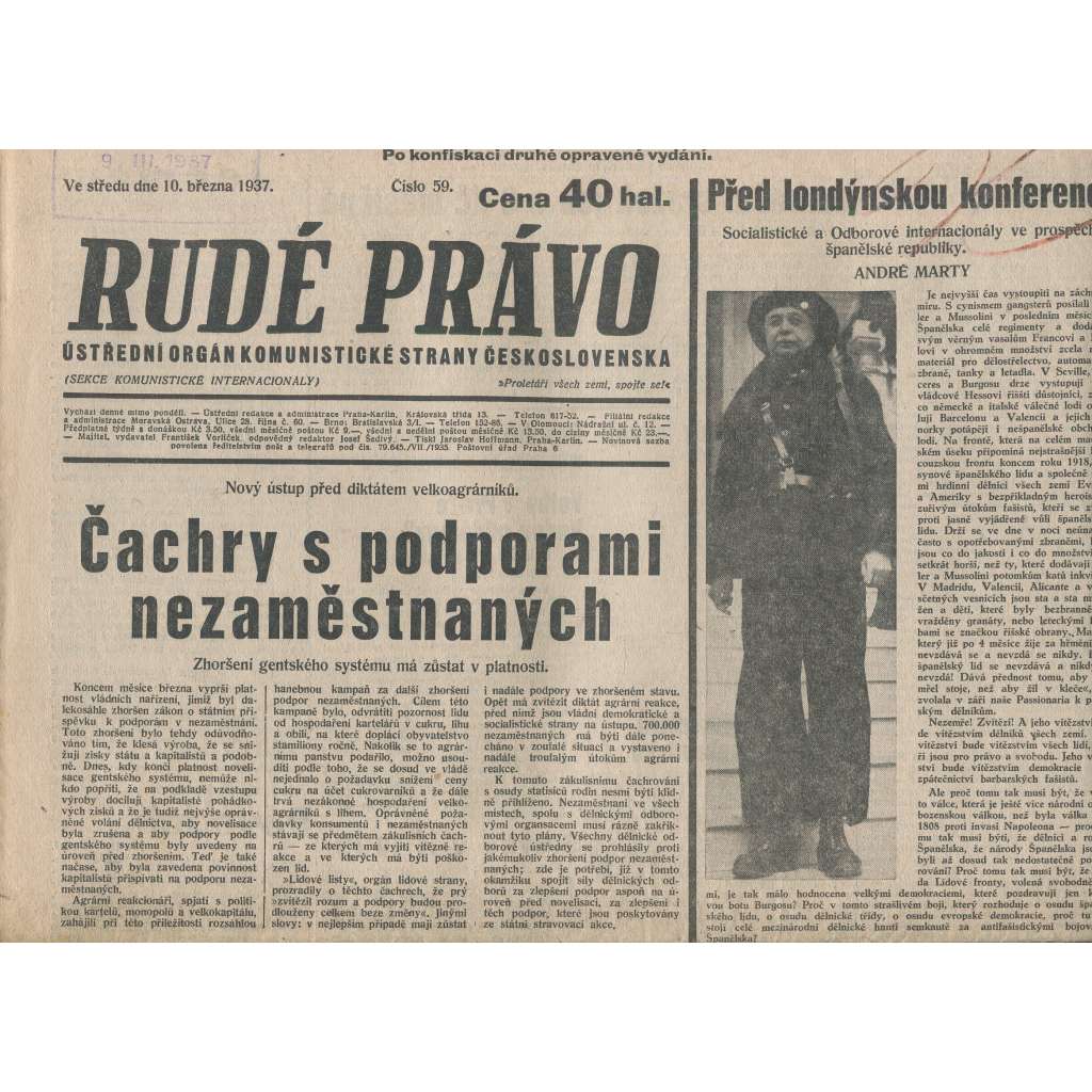 Rudé právo (10.3.1937) - 1. republika, staré noviny