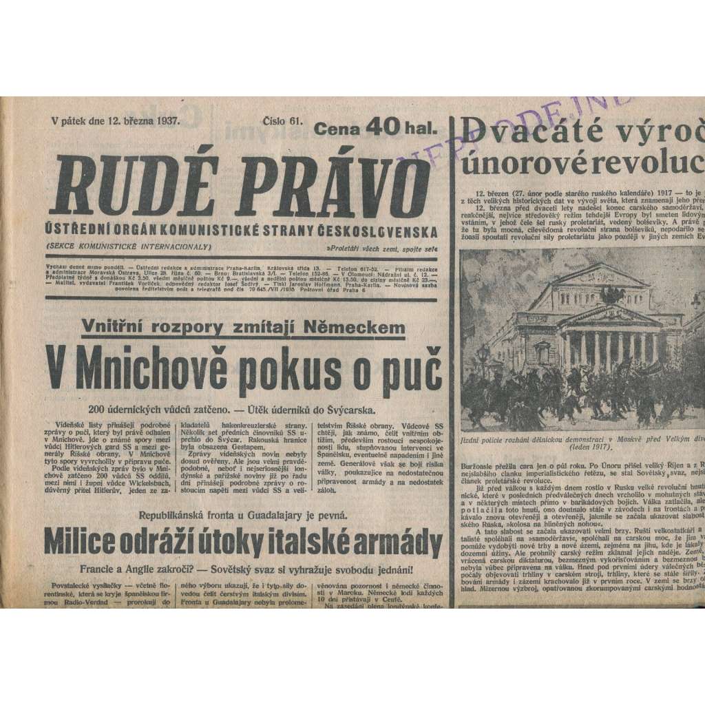Rudé právo (12.3.1937) - 1. republika, staré noviny
