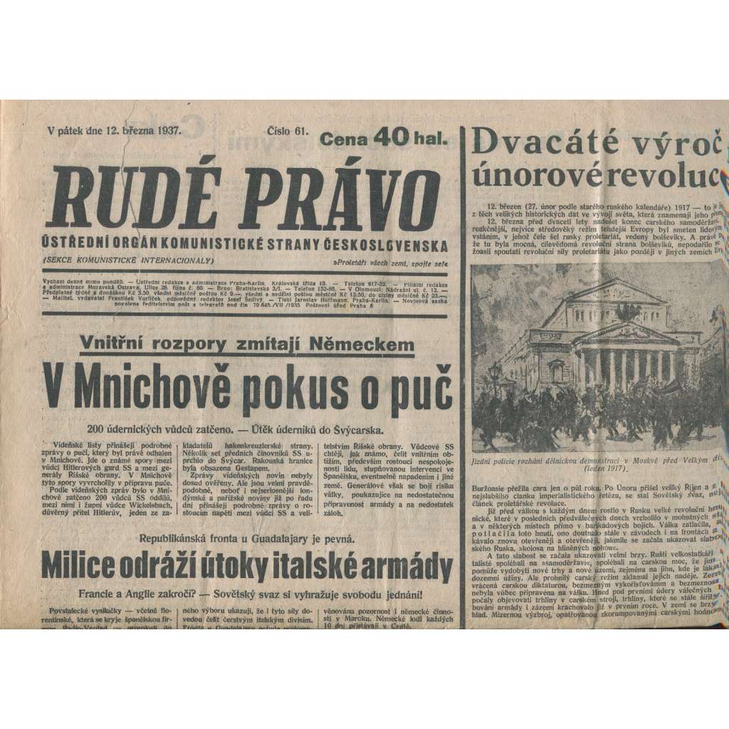 Rudé právo (12.3.1937) - 1. republika, staré noviny