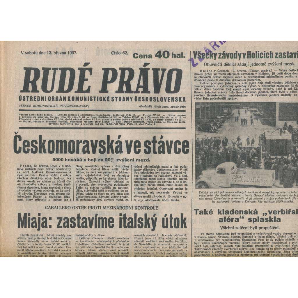 Rudé právo (13.3.1937) - 1. republika, staré noviny