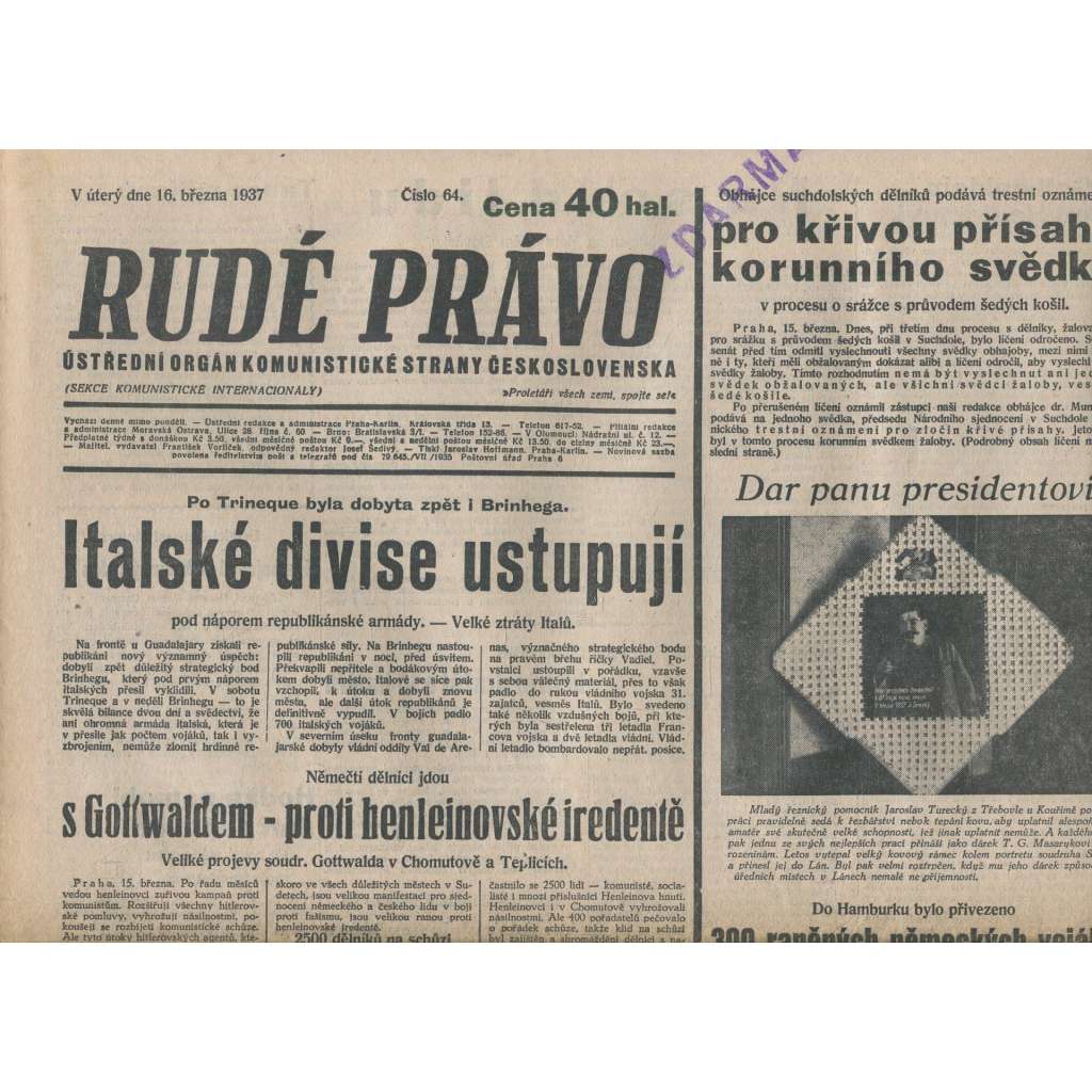 Rudé právo (16.3.1937) - 1. republika, staré noviny