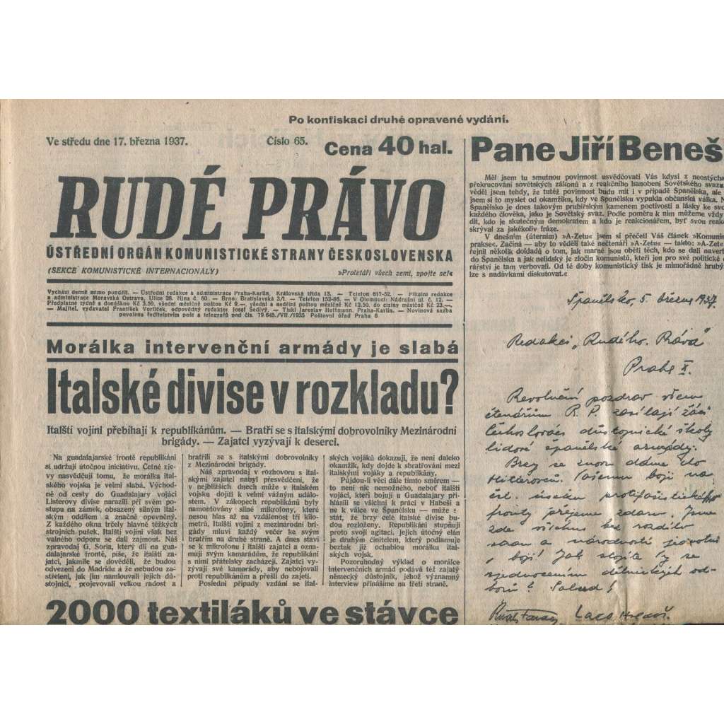 Rudé právo (17.3.1937) - 1. republika, staré noviny