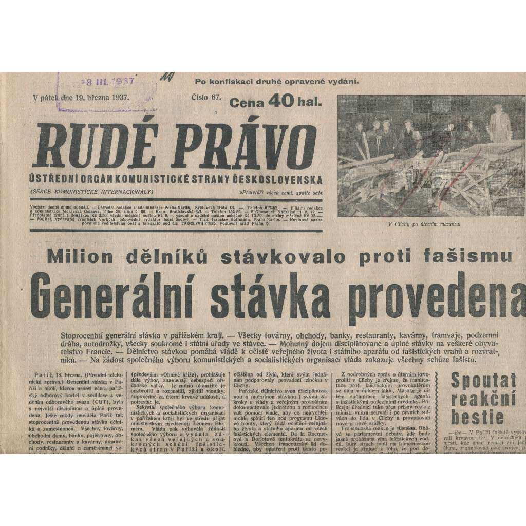 Rudé právo (19.3.1937) - 1. republika, staré noviny