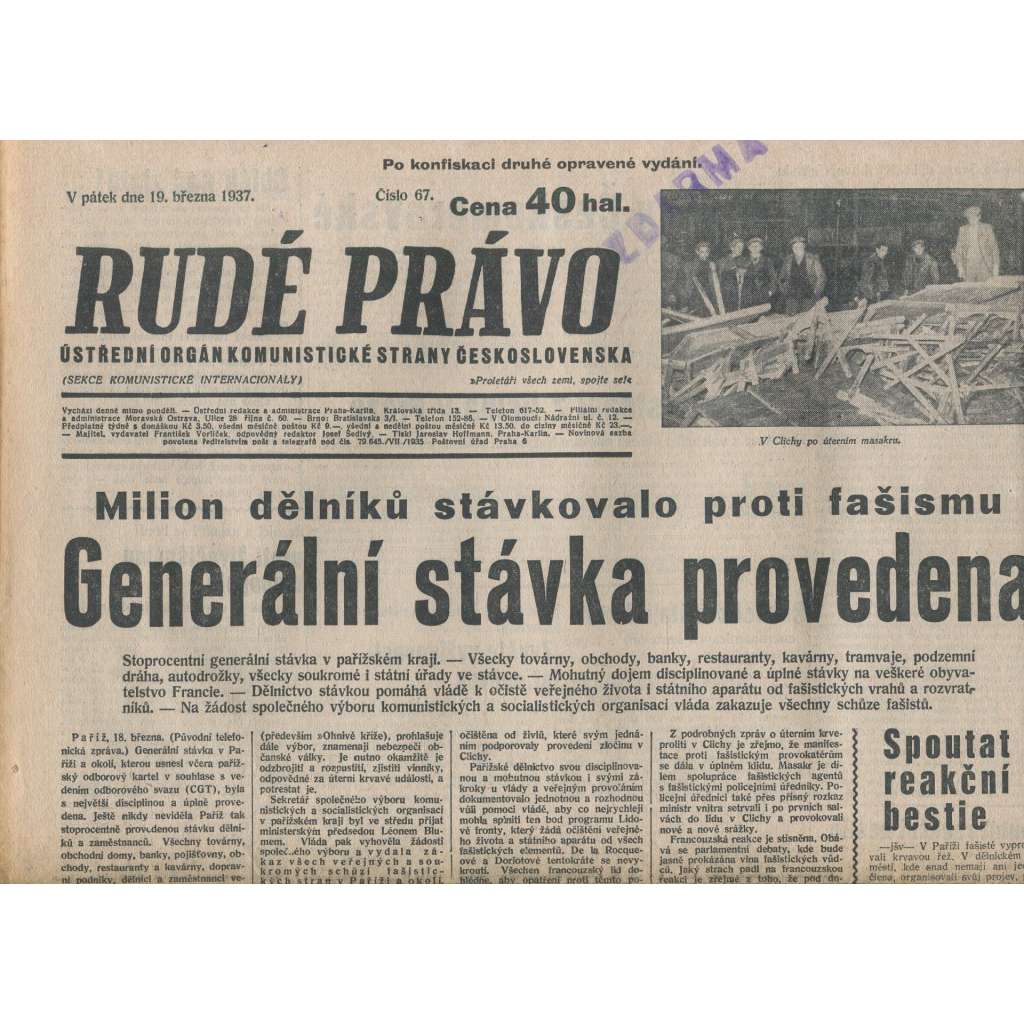 Rudé právo (19.3.1937) - 1. republika, staré noviny